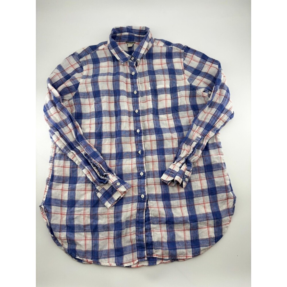 L.L. Bean Women's Linen Plaid Shirt Large Blue Pink White Button Front